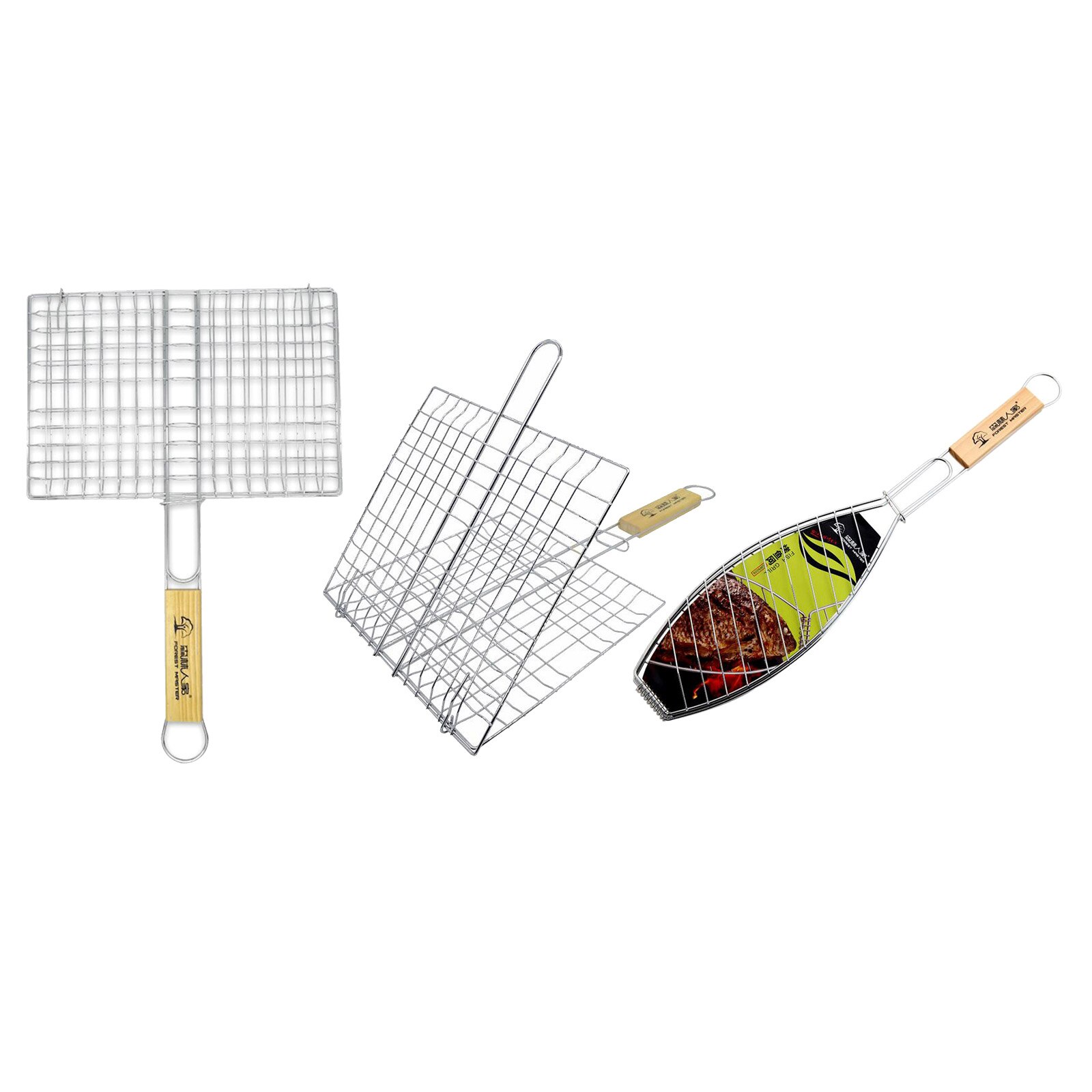 Stainless Steel Grill Basket Barbecue Grill Basket with Wooden Handle for Meat