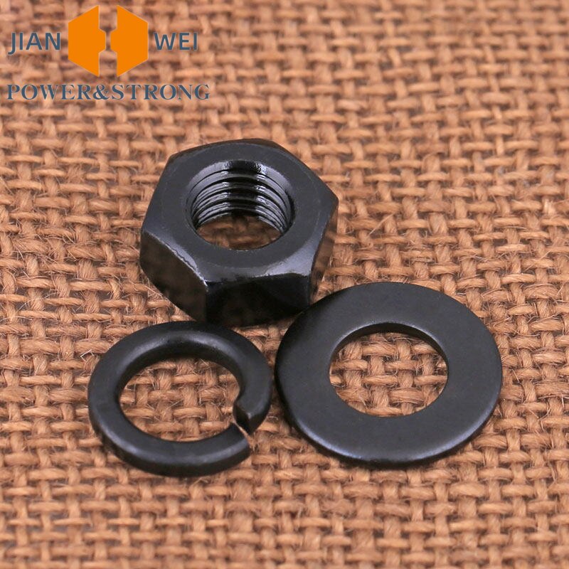 50 sets M2 M2.5 M3 M4 M5 M6 M8 M10 M12 M14 M16 M18 M20 M22 M24 M27 M30 Grade 8.8 Zwart Hoge Sterkte Zeshoek Moer met Spacer Platte Ring Pakking Veerring