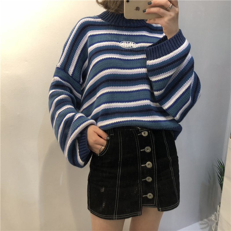 Vrouwelijke Koreaanse Harajuku Kleding Voor Vrouwen Losse Wilde Gestreepte Student Trui Vrouwen Truien Kawaii Ulzzang Trui Jumper