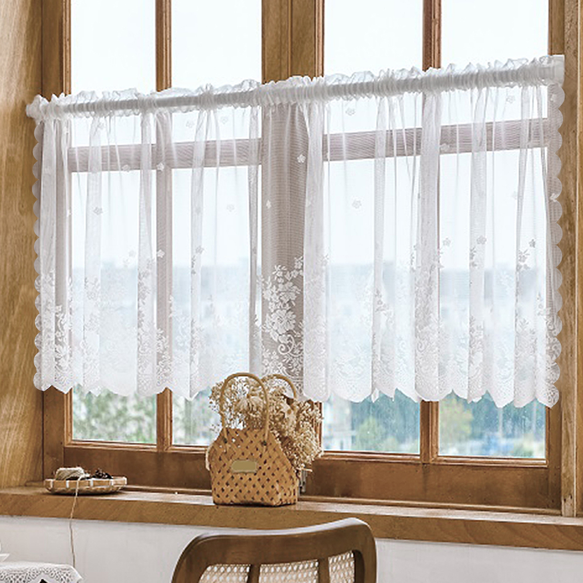 1pc söta vita spetsgardiner för fönsterdekoration, stångficka, transparenta korta gardingardiner lämpliga för dekoration av sovrum