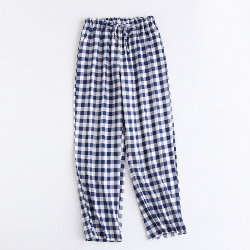 Men's Cotton Gauze Trousers Plaid Knitted Sleep Pants Mens Pajamas Pants Bottoms Sleepwear Pajama Short for Men Pijama Hombre: navy / M