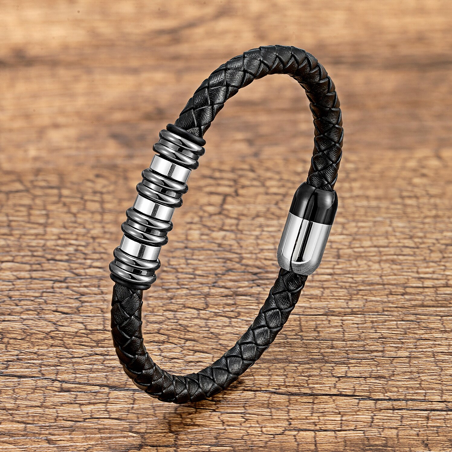 Yishucha Klassieke Stijl Eenvoudige Gevlochten Lederen Armbanden Voor Man Rvs Magnetische Armbanden Mode Mannen Sieraden: White-Black Metal / 23cm