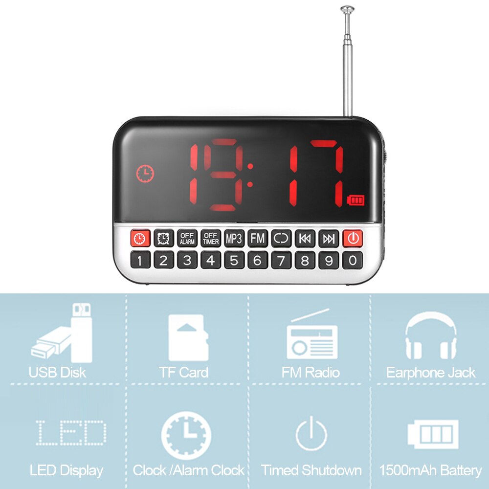 Longruner FM Radio Digital Stereo Speaker 12cm LED Display Alarm Clock & Clock USB Disk TF Card AUX 1500mAh Battery