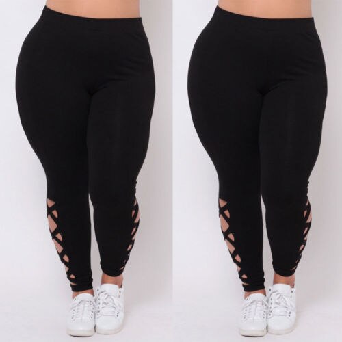 Plus size dames elastische bandage leggings pure criss-cross holle broek effen kleur zij-uitsparingen onderkant