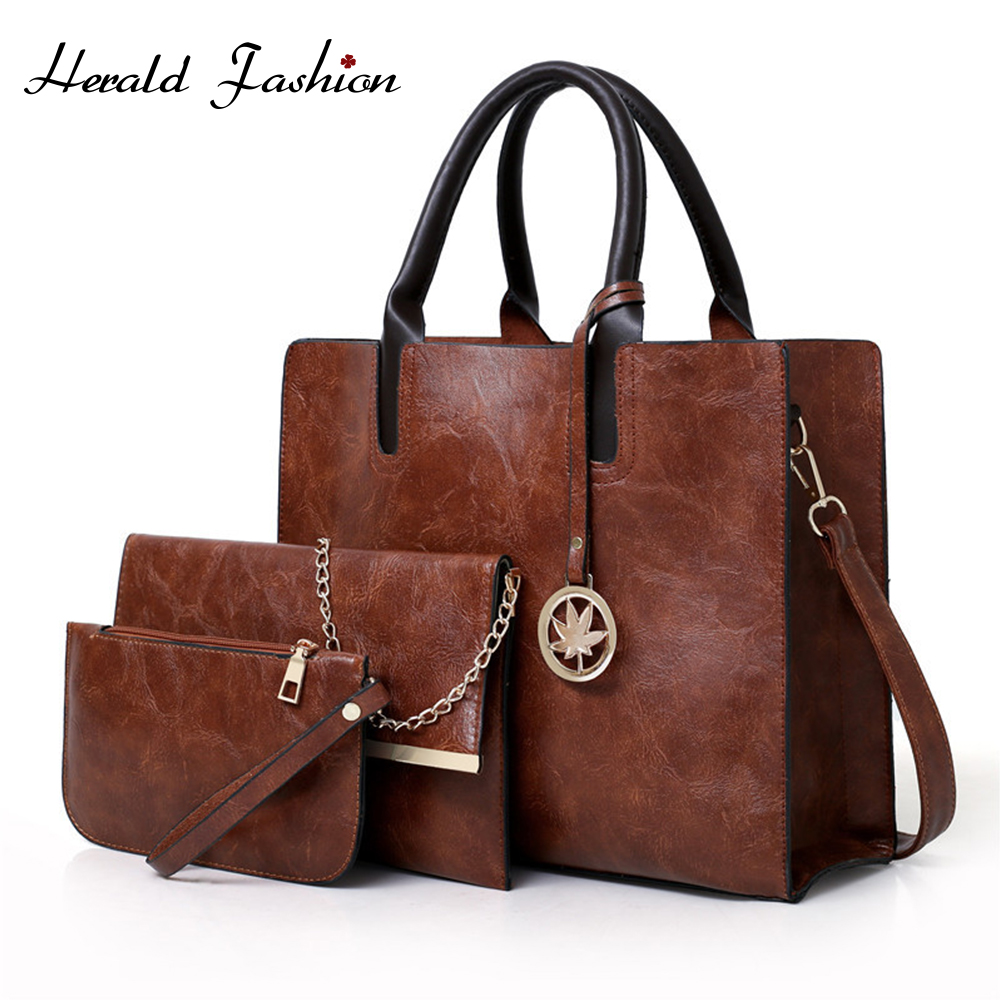 FH HERALD Women's Handbag Set - 3 Pcs PU Leather Tote Bag, Shoulder Bag, Messenger Bag, Wallet