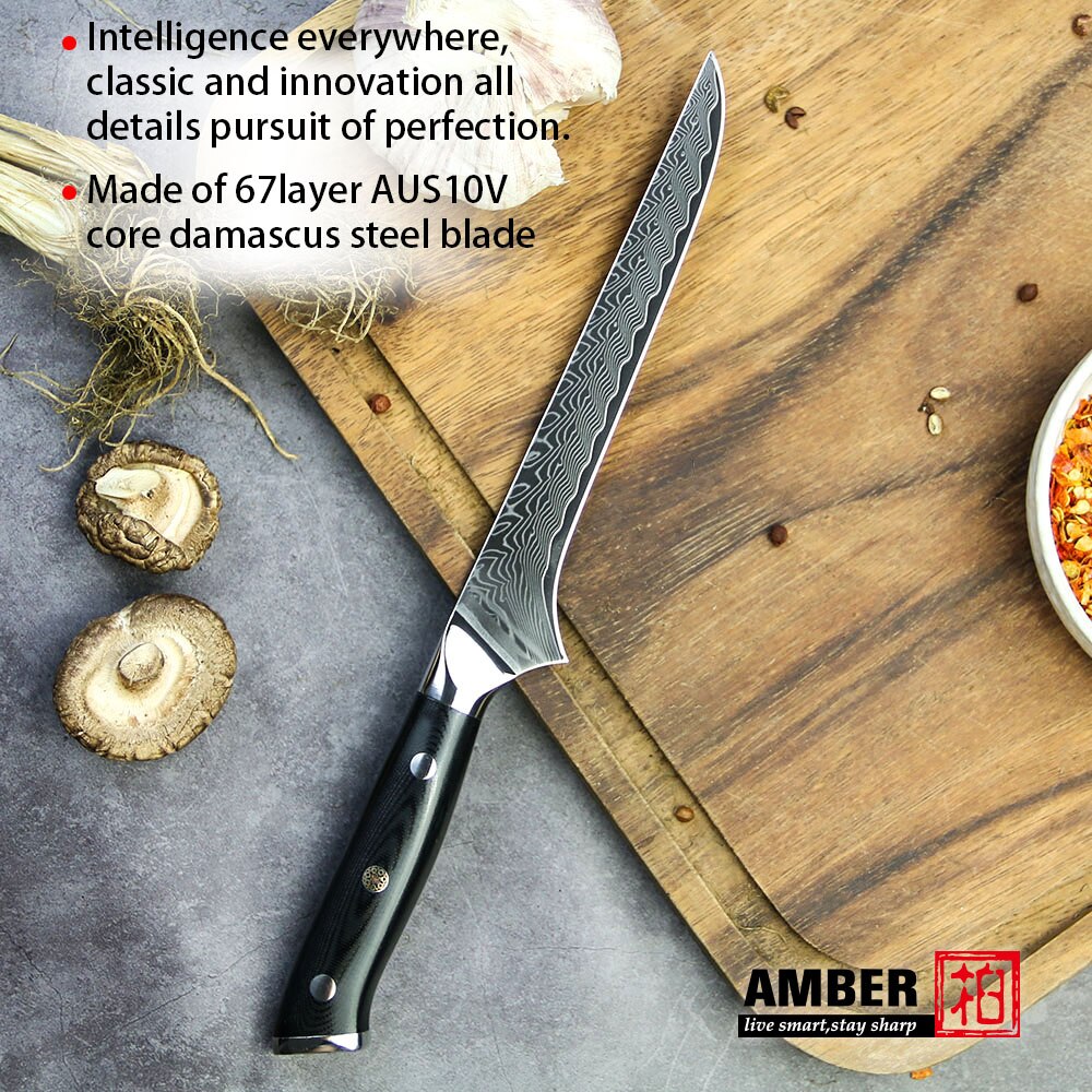 AMBER AUS-10 Black G10 Handle Ladder Pattern Damascus Knife 67 layers Damascus Steel 8 inch Kitchen Chef Knife: DMS-B056B Fillet