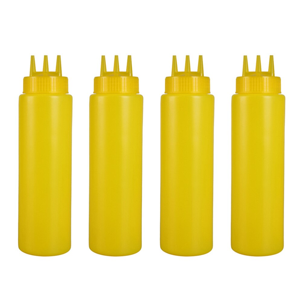 4pcs Jam Squeeze Bottles 3-hole Tomato Sauce Dispensers Kitchen Gadget for Salad Dressing Mustard (White, 12oz, 360ml): Yellow 2