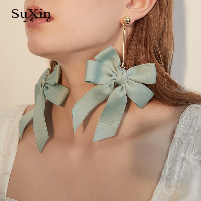 SuXin boucles d'oreilles simple papillon noeud tempérament boucles d'oreilles pour les femmes long ruban pendentif boucles d'oreilles bijoux