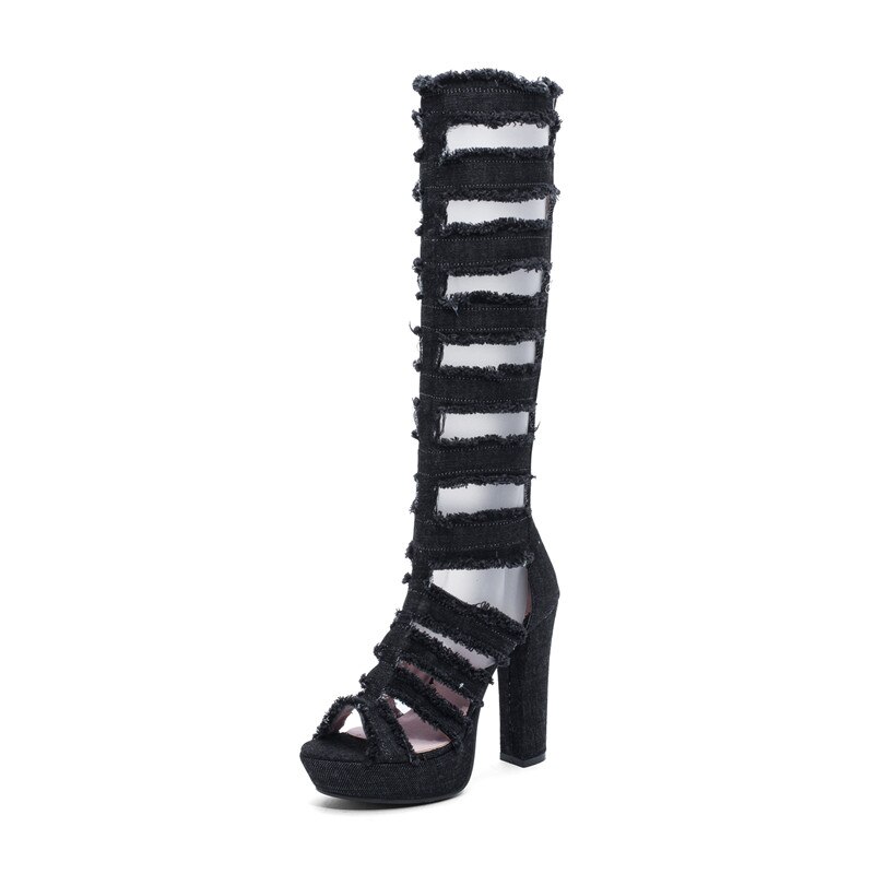 MORAZORA knie hohe stiefel frauen Denim sommer stiefel hoch Fersen plattform schuhe aushöhlen Punk prom stiefel weibliche: Schwarz / 6