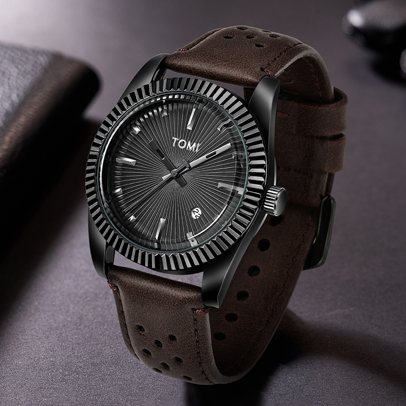 TOMI Reloj clásico de para hombre y mujer Reloj de cuarzo de cuero marrón con calendario de negocios de tendencia versátil
