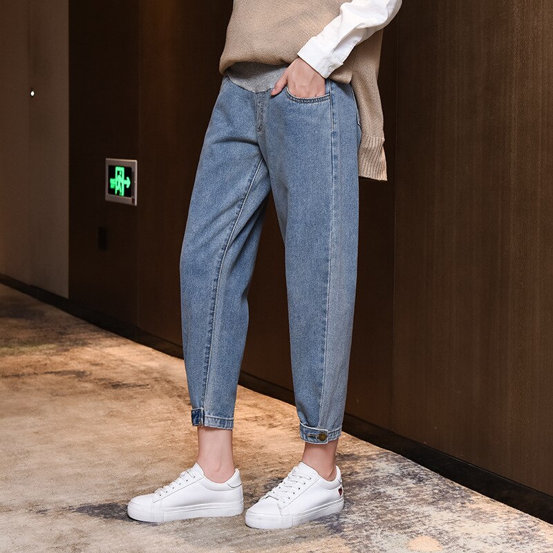 Plus Size 2XL Button Maternity Denim Pants For Pregnant Women Cotton Clothes Pregnancy Jeans Clothing Mother Straight Trousers