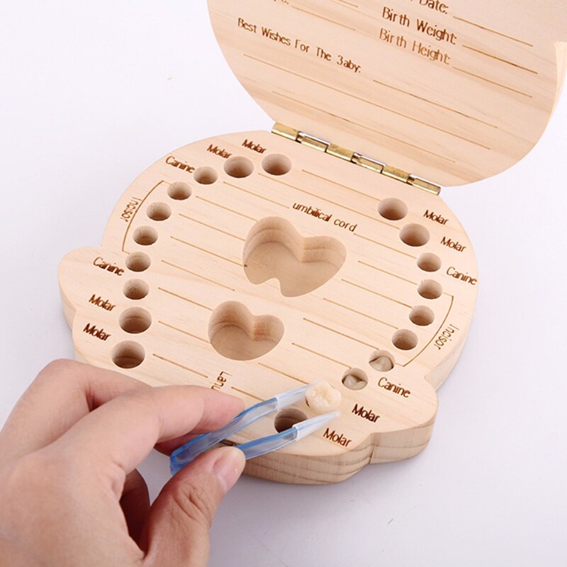 Caja de madera para guardar dientes de leche de bebé, organizador de Lanugo, Umbilical, para recuerdos, inglés, español, francés, ruso, portugués