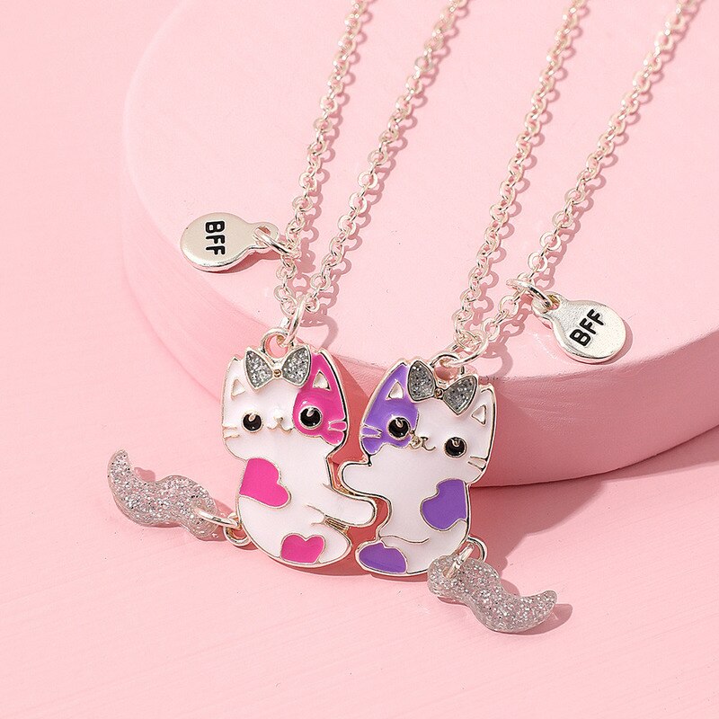 2PCS/Set Cartoon Cat Shape Pendant Chain Best Friends Necklace BFF Friendship Children's Jewelry for Girls