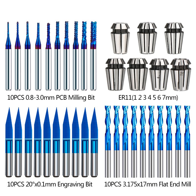 XCAN End Mill Engraving Bits Set Nano Blue Coated CNC Router Bits Cutting Milling Cutter 1/8" Shank Carbide Milling Tools: 37pcs Mill Kit