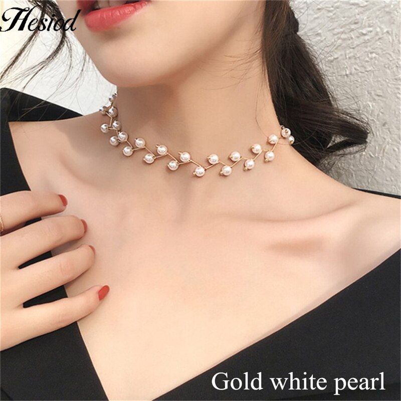 Hesiod Vintage Bohemia Multi-layer Hollowed Flower Necklace For Women Rhinestone Crystal Collar Necklace Pearl Choker: H72553goldbranch