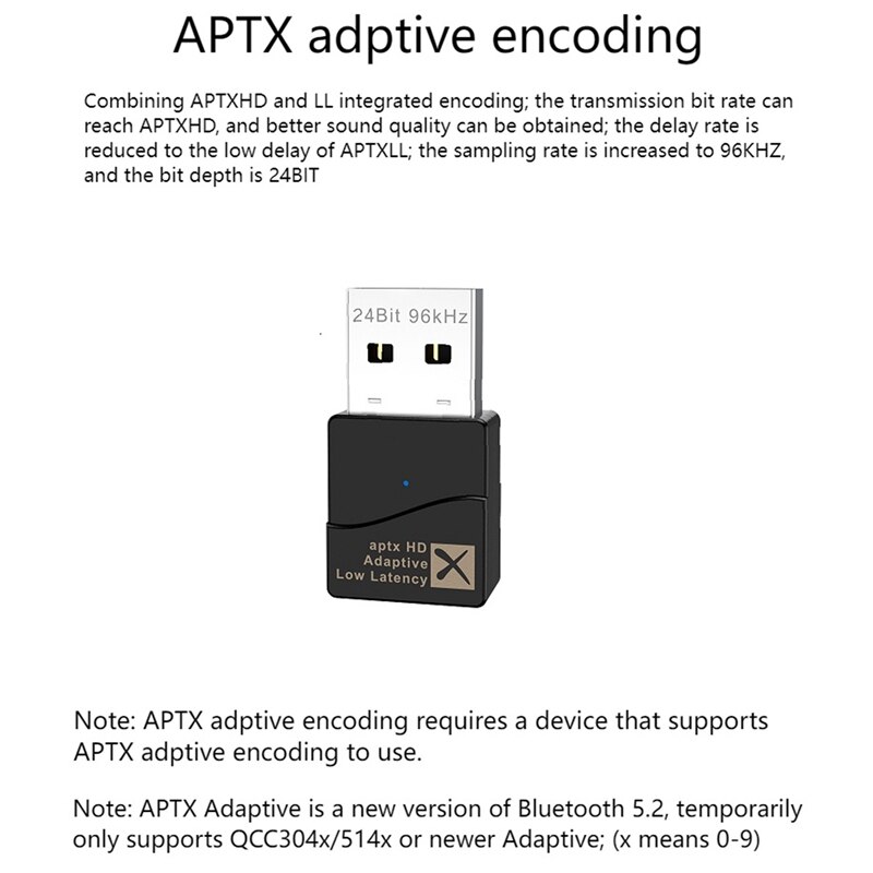 APTX Adptive Bluetooth Transmitter, USB Bluetooth 5.2 Audio Transmitter, Driver-Free, Can Switch APTX Code Freely