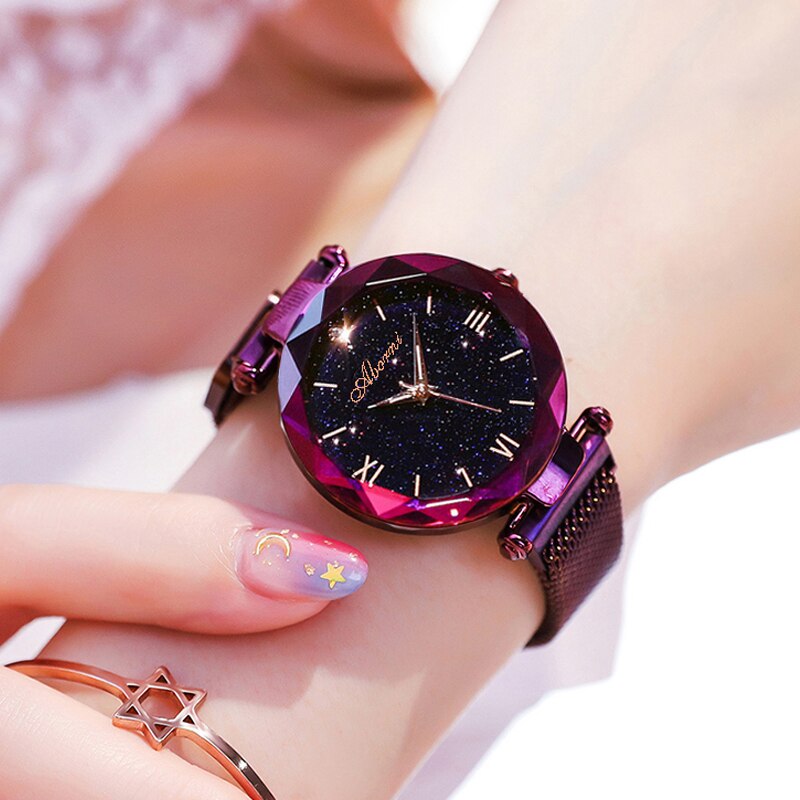 Elegante Mode Horloge Voor Vrouwen Magneet Quartz Vrouwen Horloge Gesp Sterrenhemel Romeinse Cijfer Lady Horloge