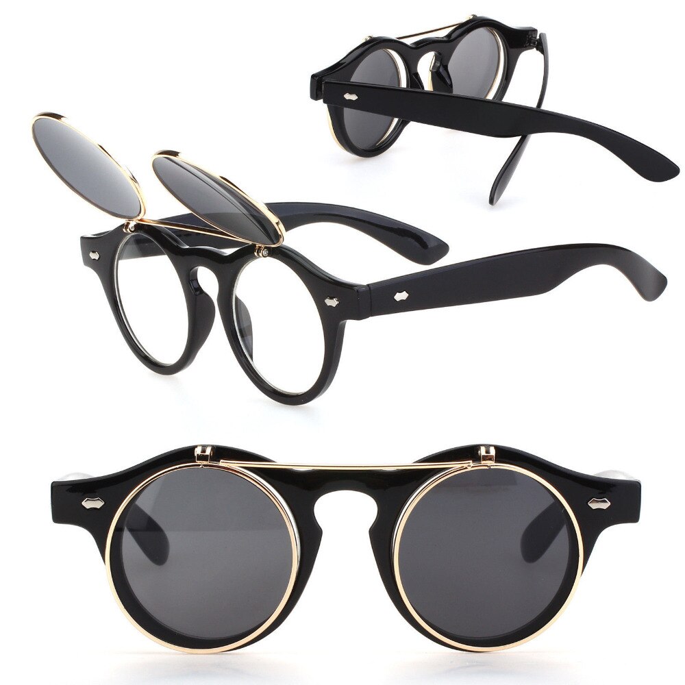 Nyeste steampunk goth briller mænd kvinder retro flip up runde solbriller vintage sort