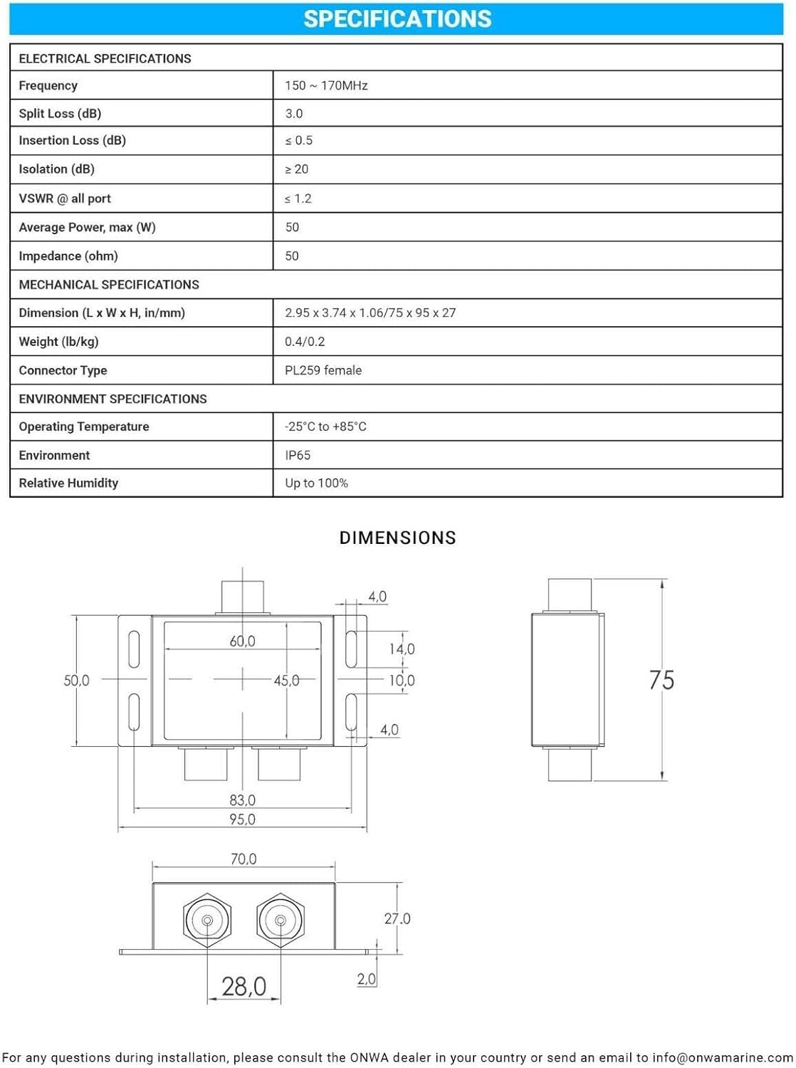 PLOSON PL-SU2 AIS VHF 2 Ways Antennas Power Splitter 136-174MHz 100W VHF AIS Antenna Splitter Divider for Ship Marine System