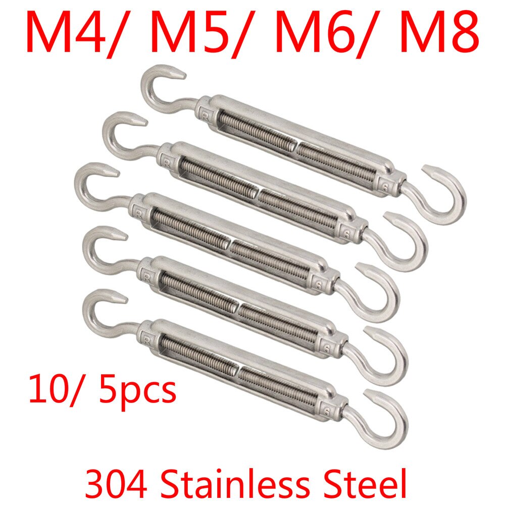 304 Stainless Steel European Style Hook & Hook M4/ M5/ M6/ M8 Turnbuckles Adjustable Wire Rope Tensioners 10/ 5pcs