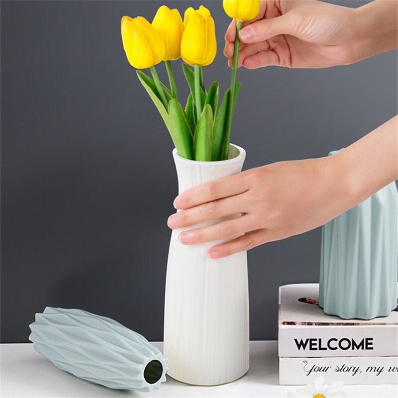 Jarrón de plástico nórdico irrompible, anticerámica jarrones de flores, maceta de mimbre de imitación europea, arreglo de cesta simple, decoración del hogar