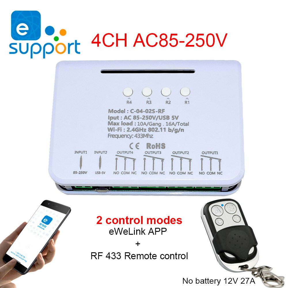 eWeLink Wifi Switch Smart Remote Control Module 4CH DC 5V 12V 32V 110V AC 220V RF 433MHz Transmitter Receiver 10A Relays Module: 85V-250V Wifi RF