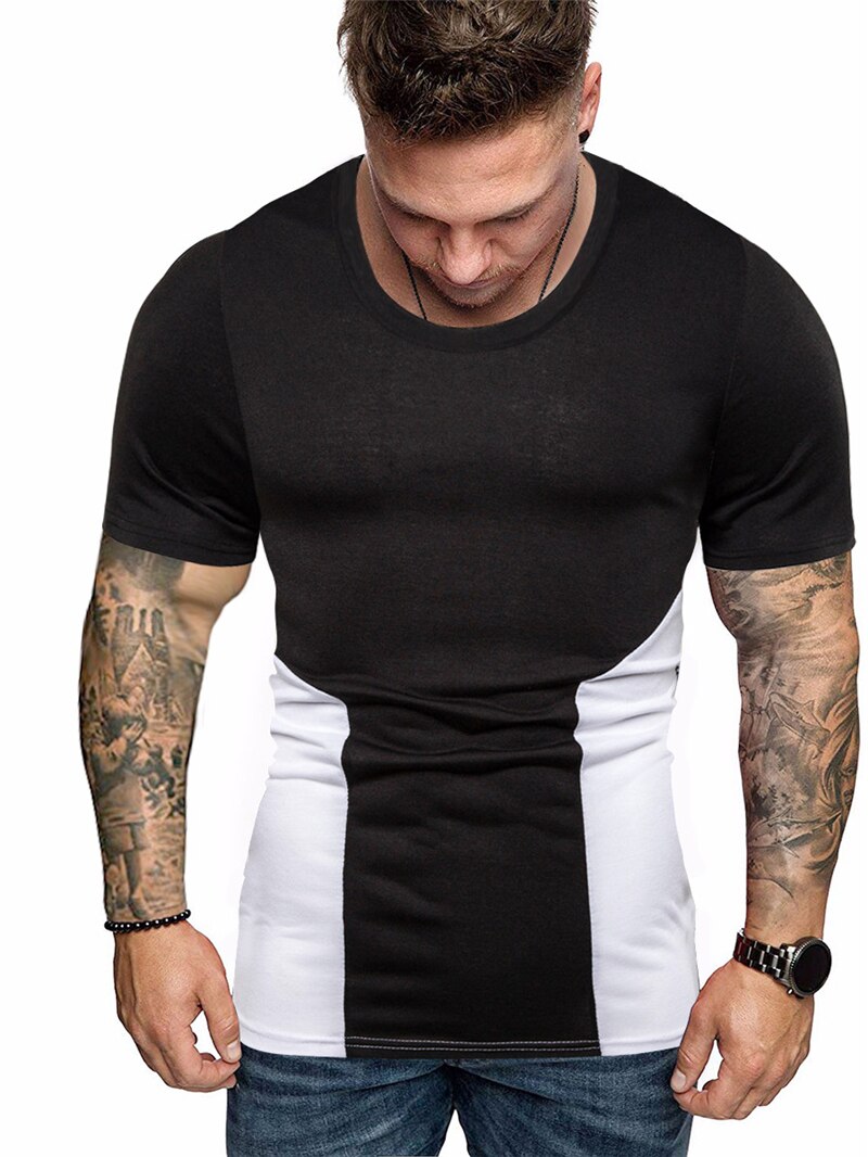 Nuevas camisetas ajustadas de retales para hombre, camisetas de compresión, camisetas de culturismo, camiseta de manga corta con cuello redondo para Fitness