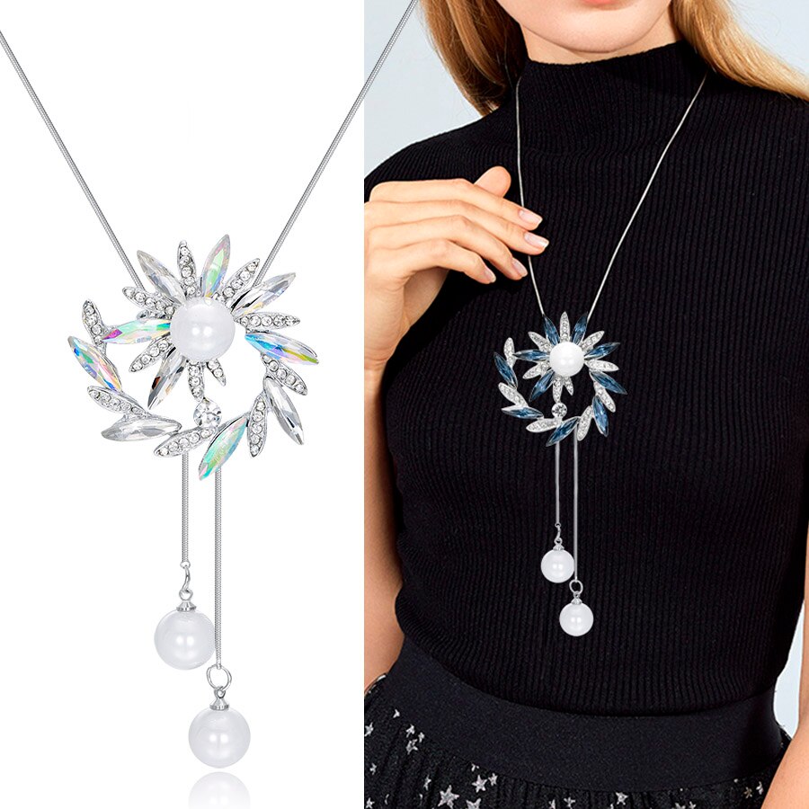 Ravimour Mode Lange Keten Trui Kettingen Voor Vrouwen Blue Opal Rhinestone Bloem Hanger Ketting Vrouwelijke Sieraden