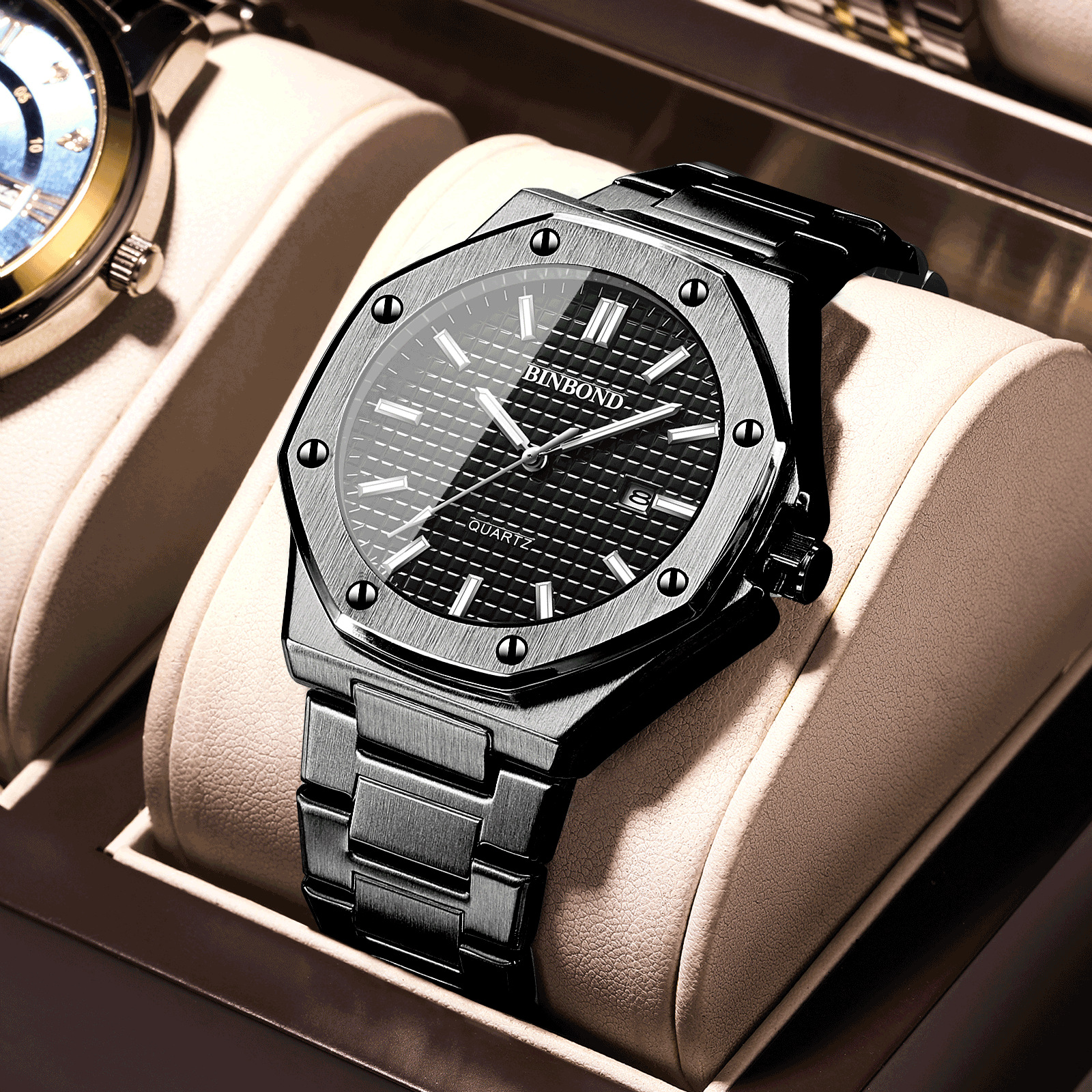 Herrklocka affärsmässig exklusiv åttkantig med skruvar vattentät herrklocka kvartsur