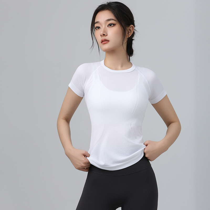 Sommer tætsiddende slank yogadragt kortærmet rund hals hurtigttørrende åndbar løbesports-t-shirt stretch pilates-top: L / Hvid