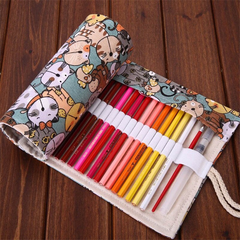 Kawaii Cat Roll Pencil Case Canvas 36/48/72/108 Holes School Pencilcase Penalty for Boys Girl Pen Bag Case Stationery Pouch: 72 Holes