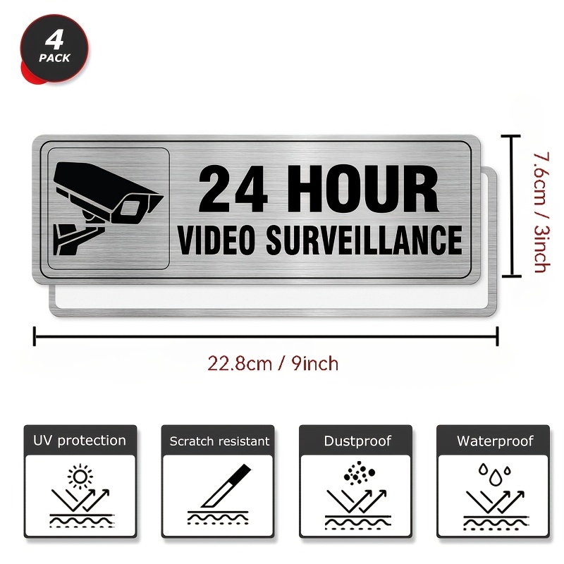 24- timers videoovervågningsskilte i aluminium - sølvfarvede metaldør-/vægskilte til vægdekoration til sikkerhed i erhvervslivet og restauranter: Hvid