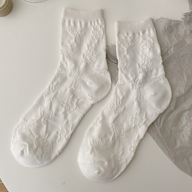 Lolita – chaussettes blanches en dentelle pour femmes, en coton, avec nœud en cœur, style JK: Rose Flower