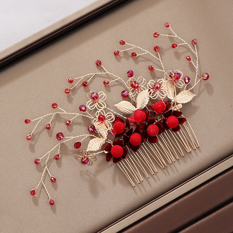 FORSEVEN Bride Noiva Wedding Party Women Girl Red Flower Tiaras Crowns Headband Hair Combs Hairpins Earrings Jewelry Sets