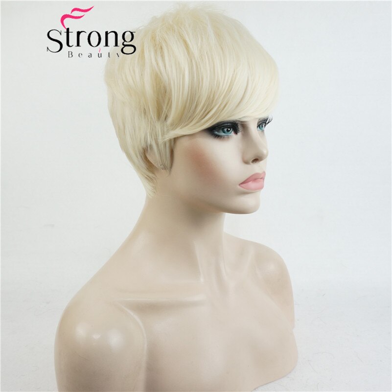 Peluca corta StrongBeauty, pelucas totalmente sintéticas asimétricas de explosión lateral, opciones de color negro y rojo: 613 Light Blonde