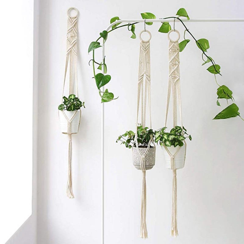 Indoor Wand Bloempot Bloem Manden Tuin Decoratie Groene Plant Opknoping Mand Handmatig Gebreide Touw