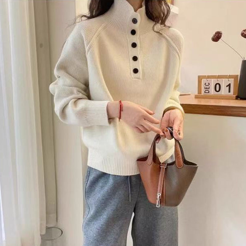Vårstil ullgenser med stående krage dame strikkegenser med knappedekorasjon enkel løs topp: L / Beige