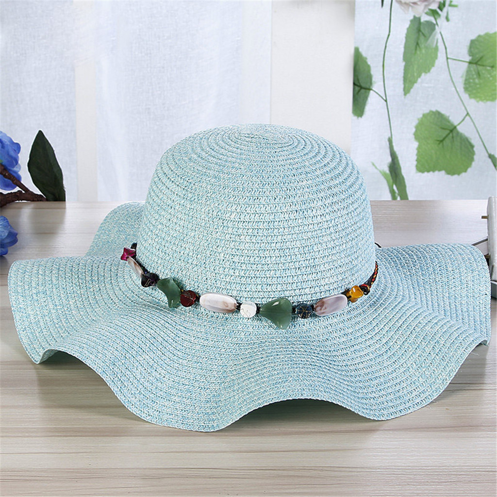 Women Big Wide Brim Straw Hat Colorful Stone Beach Sun Foldable Cap: SB