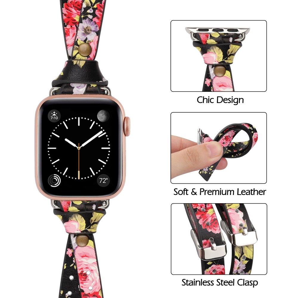Toyouths dobbel skinnrem for apple watch serie 5 4 3 2 1 stropp for iwatch chic kvinner menn skinn 38mm/40mm /42mm/44mm