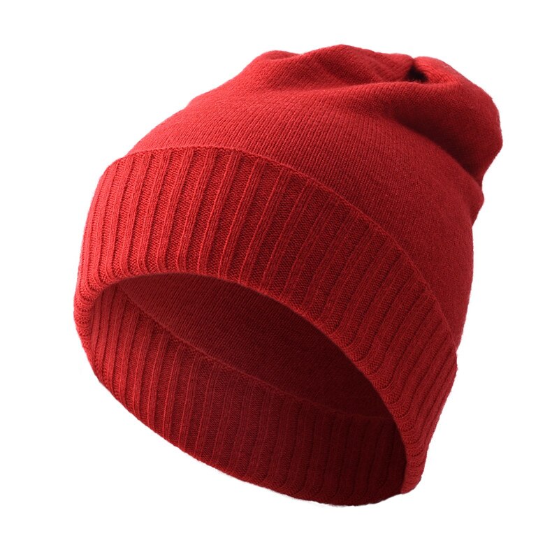 Zachte warme kasjmier muts met omslag, effen gebreide muts met omslag, unisex stijl, stretch schedel skimuts: Rood
