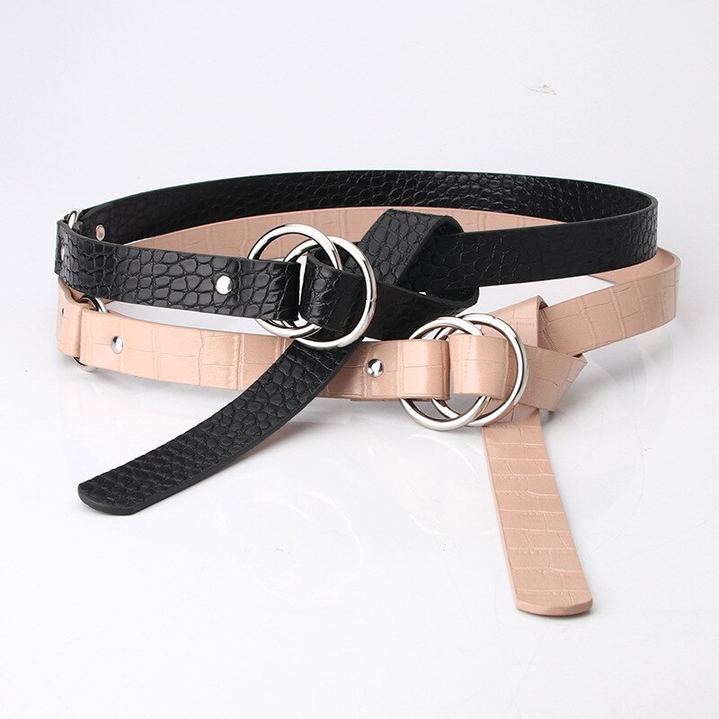 Unique Stone Grain Pu Belt Women Double Ring Thin Belts Female Jeans Dress Waistband Brand 2022
