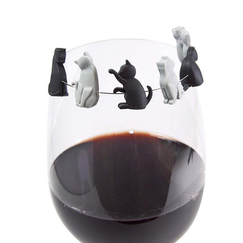 Divisor de copa de vino portátil para gatito, herramientas de cocina, bolsa de té, marcadores de vidrio para vino, Clip de gato, 6 unids/set por juego: Caqui oscuro