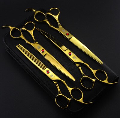 7.0 inch Professionele Huisdier Schaar Hond Verzorgen Schaar Set Straight &amp; Gebogen &amp; Dunner 4 stks Set Huisdier haircut Gereedschap: Golden  P-704