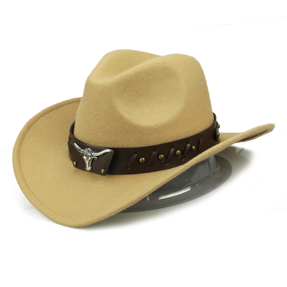YY-casquette taureau à ceinture en cuir pour hommes et femmes, chapeau Cowboy en coton à bord large, à bord , pour hommes et femmes FD19060: Camel Bull Hat