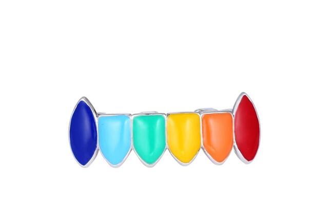 6ix9ine Rainbow Hip Hop Colorful 69 Oil Gold Dent Teeth Grillz Top and Bottom Set With Free Silicone Box Caps Packing: silver bottom