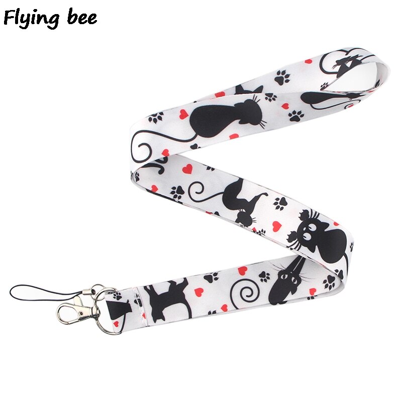 20 stuks/partij mooie schattige katten lanyard zwarte katten sleutelhanger sleutelhanger vrouwen riem nek lanyards voor sleutels identiteitskaart telefoon lanyard  x0370