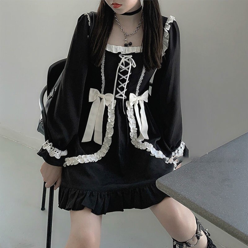 Japanse Lolita Gothic Jurk Vrouwen Patchwork Vintage Mini Jurk Slanke Ruches Boog Kawaii Kleding Fall Jurken Voor Meisje