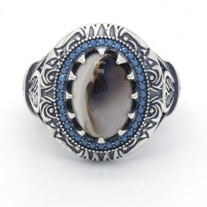 Grandi anelli di Pietra Naturale Degli Uomini di Anello In Argento Sterling 925 con Pietre Blu Punk di Stile Dell'annata Turco Anello Fatto A Mano per Gli Uomini Del Partito gioielli