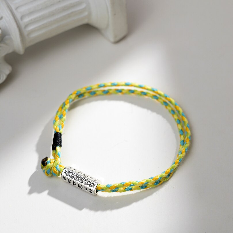 Handmade Tibetan Buddhist Braided Cotton Thread Lucky Knots Bracelets Silver Bead Carved Mantra Amulet Woven Bracelet For Men