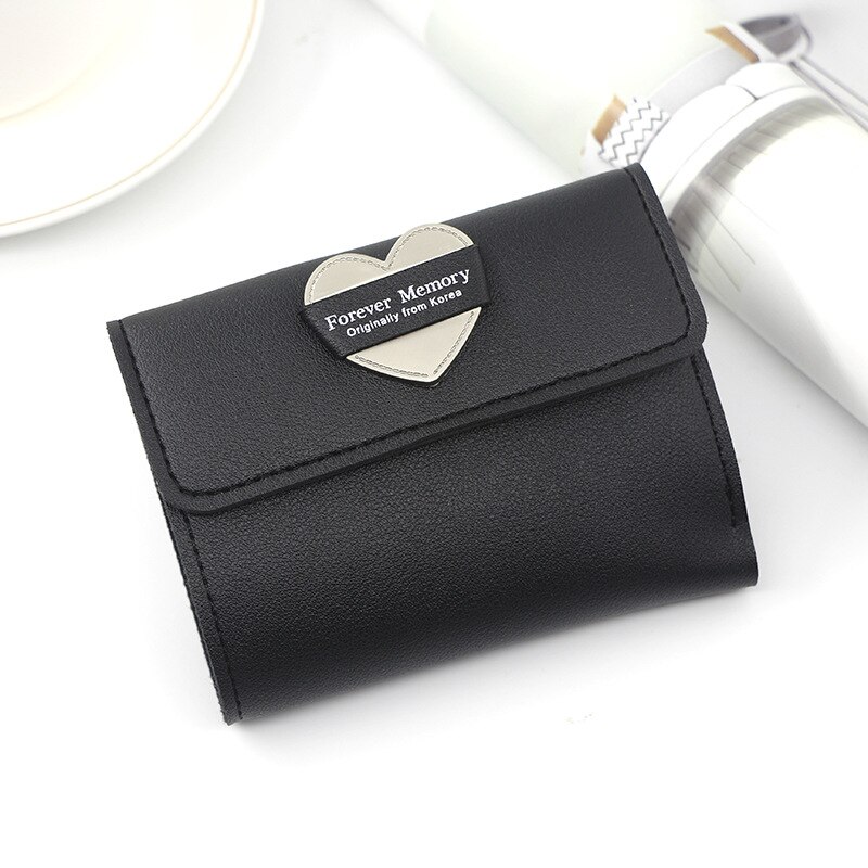 Japanese Mini Wallet Female Small Ultra-thin Cute Floral Tri-fold Leather Coin Purse Simple Short Student Mini Card Holder: Style 2 Black